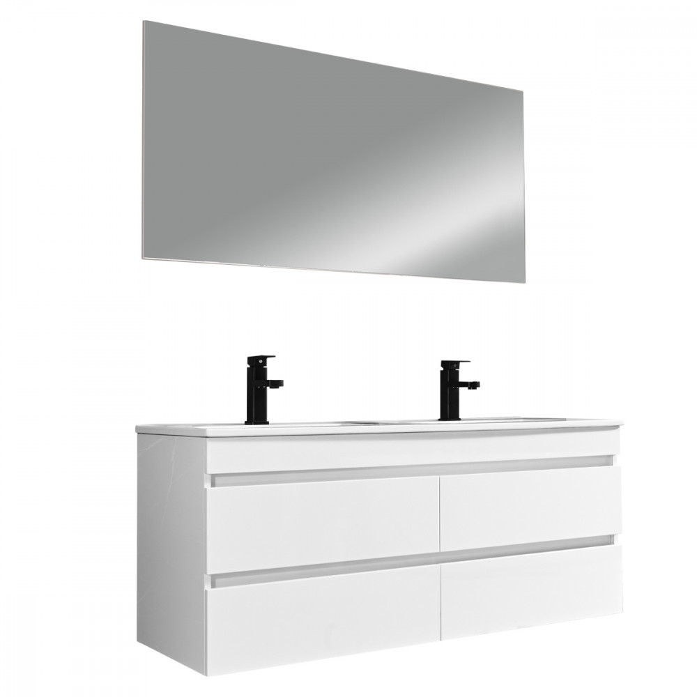Set mobilier baie Cube 120 cu lavoar ceramic, oglinda, 60x120 cm, vopsit in alb lucios