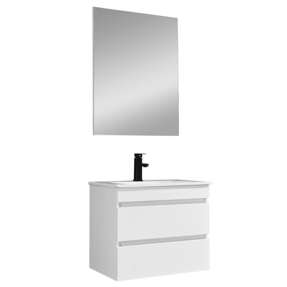 Set mobilier baie Cube 60 cu lavoar ceramic, oglinda, 2 sertare, 60x80 cm, vopsit in alb lucios