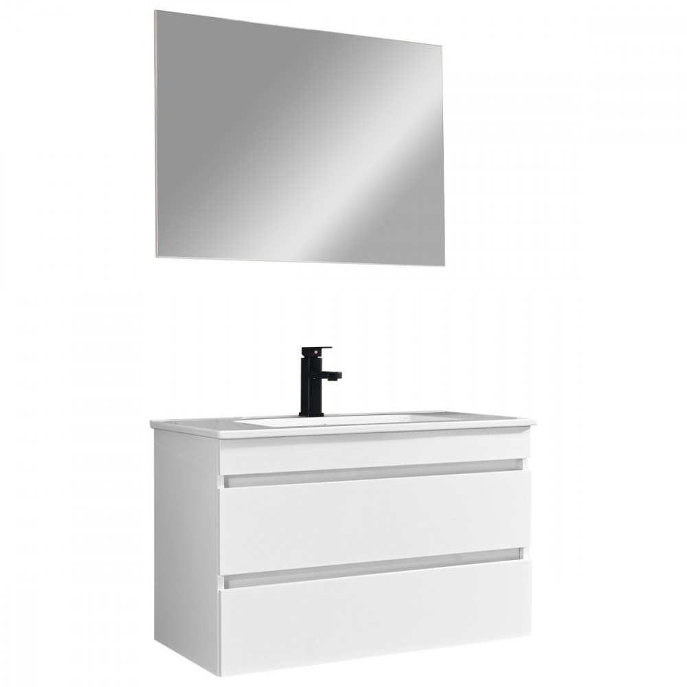 Set mobilier baie Cube 80 cu lavoar ceramic, oglinda, 2 sertare, 60x80 cm, vopsit in alb lucios
