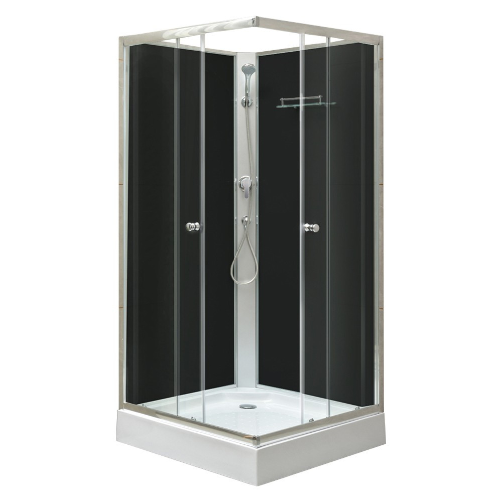 Cabină de duș pătrată Polo Black II neagră cu perete posterior, cu cădiță de duș acrilică, dimensiuni 80x80x195 cm