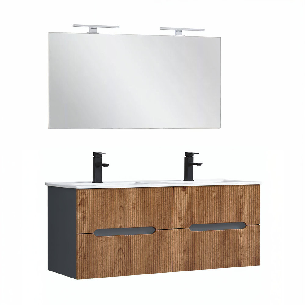 Trent Mobilier de baie 120 cm chiuvetă ceramică cu oglindă 60x120 cm gri antracit - stejar înserat