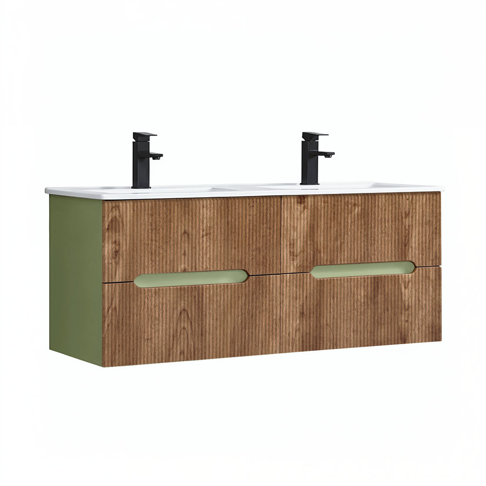 Trent 120 dulap de baie inferior cu chiuvetă ceramică (4 sertare) verde fistic - stejar apus de soare
