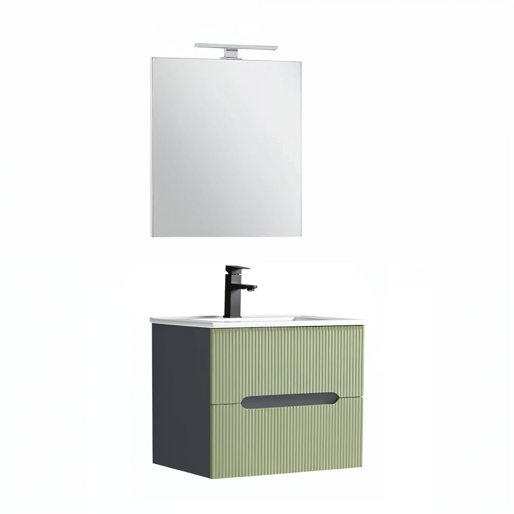 Trent mobilier de baie 60 cm chiuvetă ceramică (2 sertare) cu oglindă 60x80 cm gri antracit-verde fistic