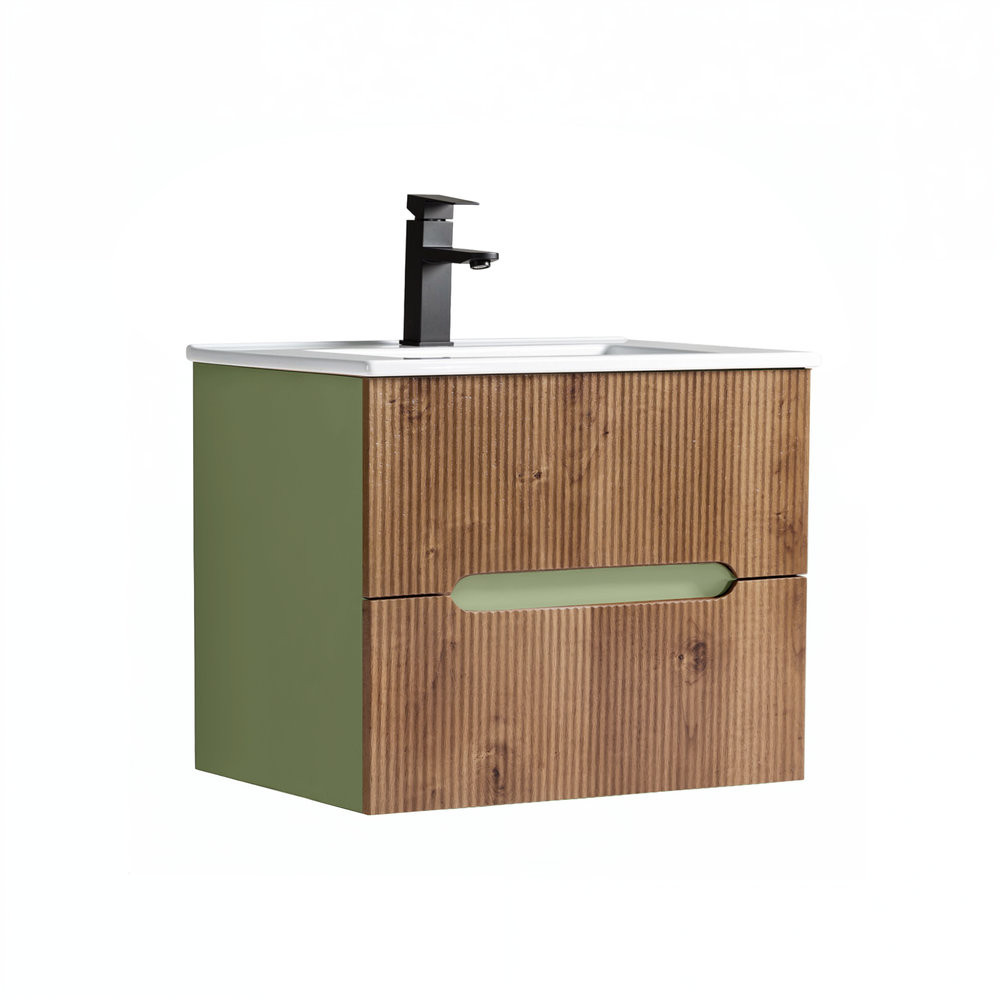 Trent 60 dulap de baie inferior cu chiuvetă ceramică (2 sertare) verde fistic - stejar apus de soare