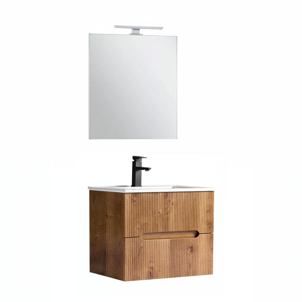 Set mobilier baie Trent 60 cu lavoar, oglinda, 2 sertare, 60x80 cm, stejar apus de soare