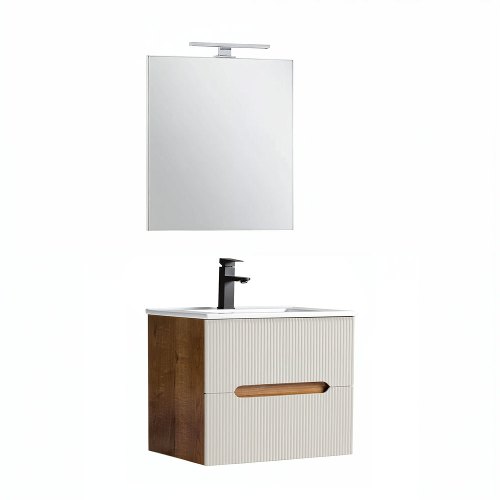 Set mobilier baie Trent 60 cu lavoar, oglinda, 2 sertare, 60x80 cm, sunset stejar-alb