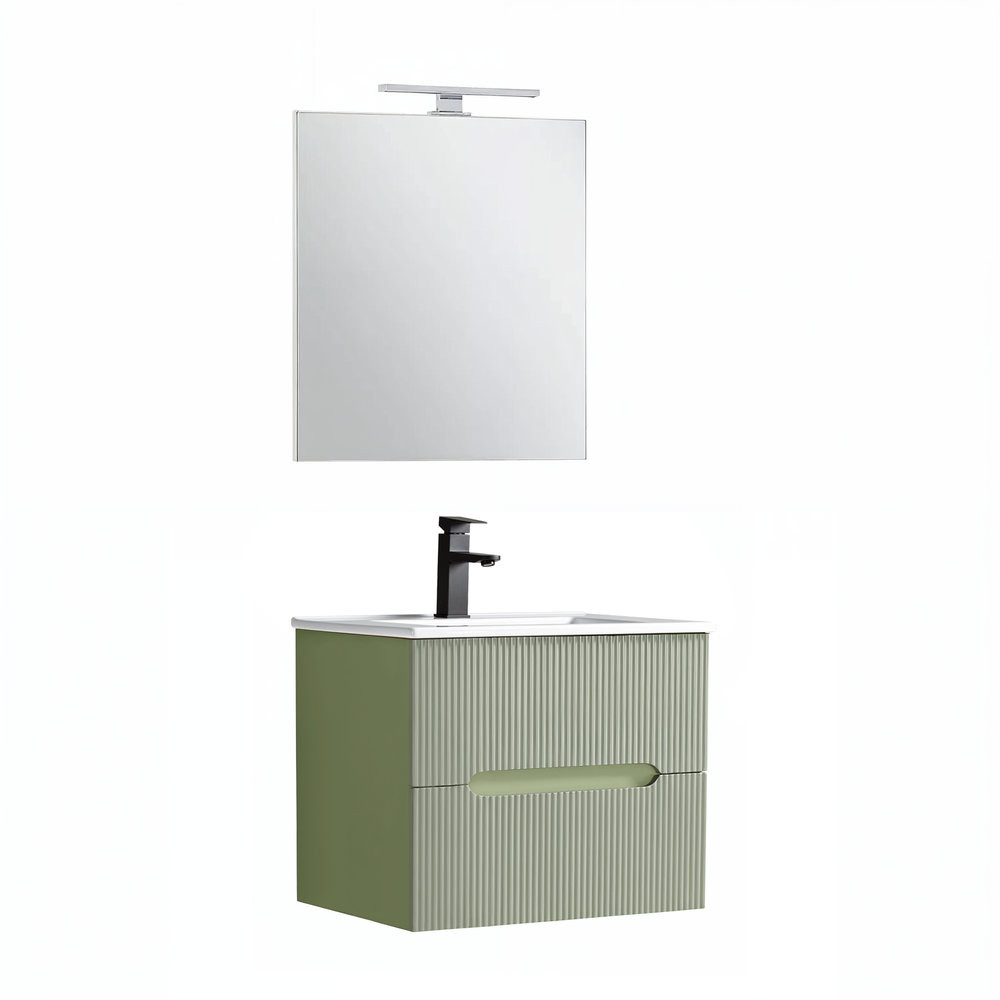 Trent mobilier de baie 60 cm chiuvetă ceramică (2 sertare) cu oglindă 60x80 cm verde fistic-verde-olive
