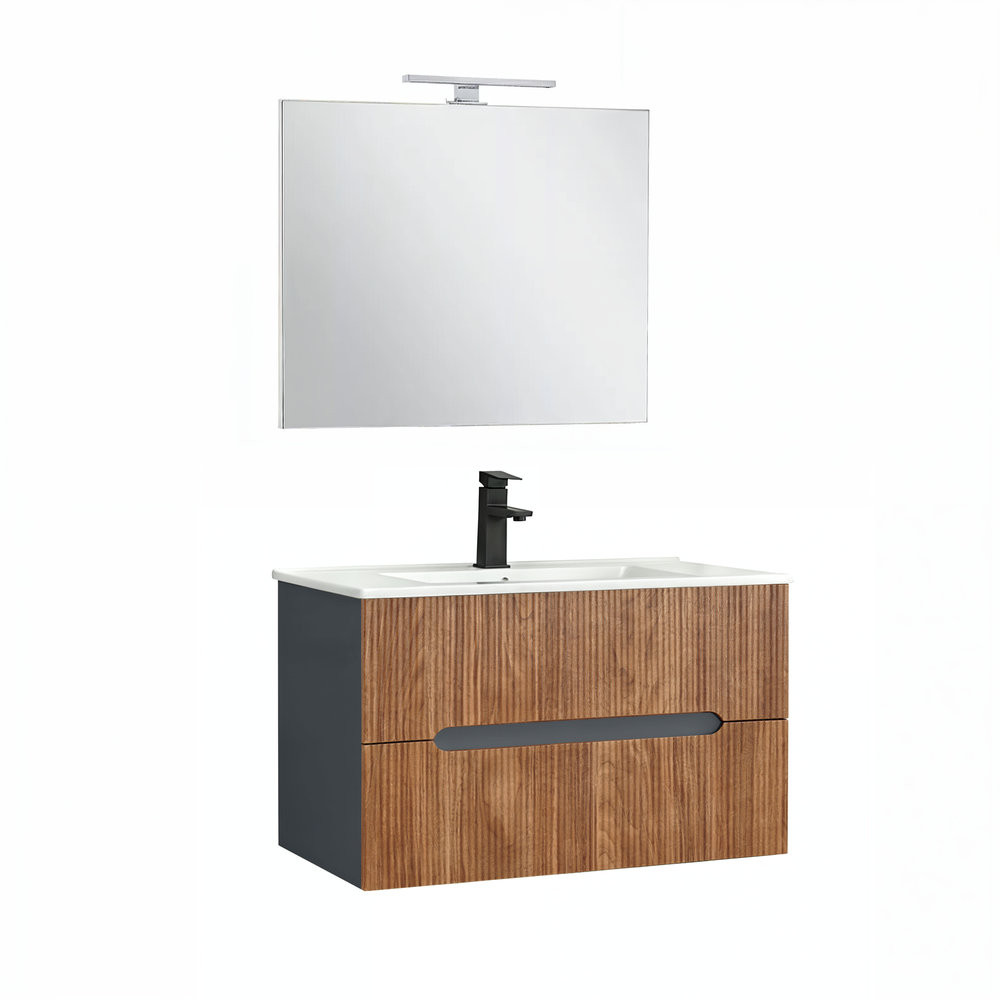 Trent Mobilier de baie 80 cm lavoar ceramic (2 sertare) cu oglindă 60x80 cm gri antracit - stejar apus de soare