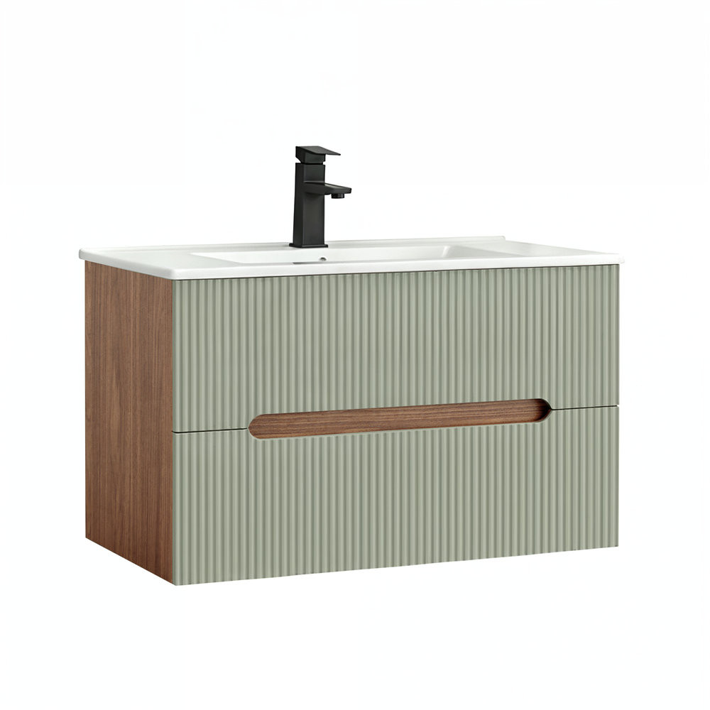 Trent 80 dulap de baie inferior cu chiuvetă ceramică (2 sertare) stejar apus de soare-olive verde