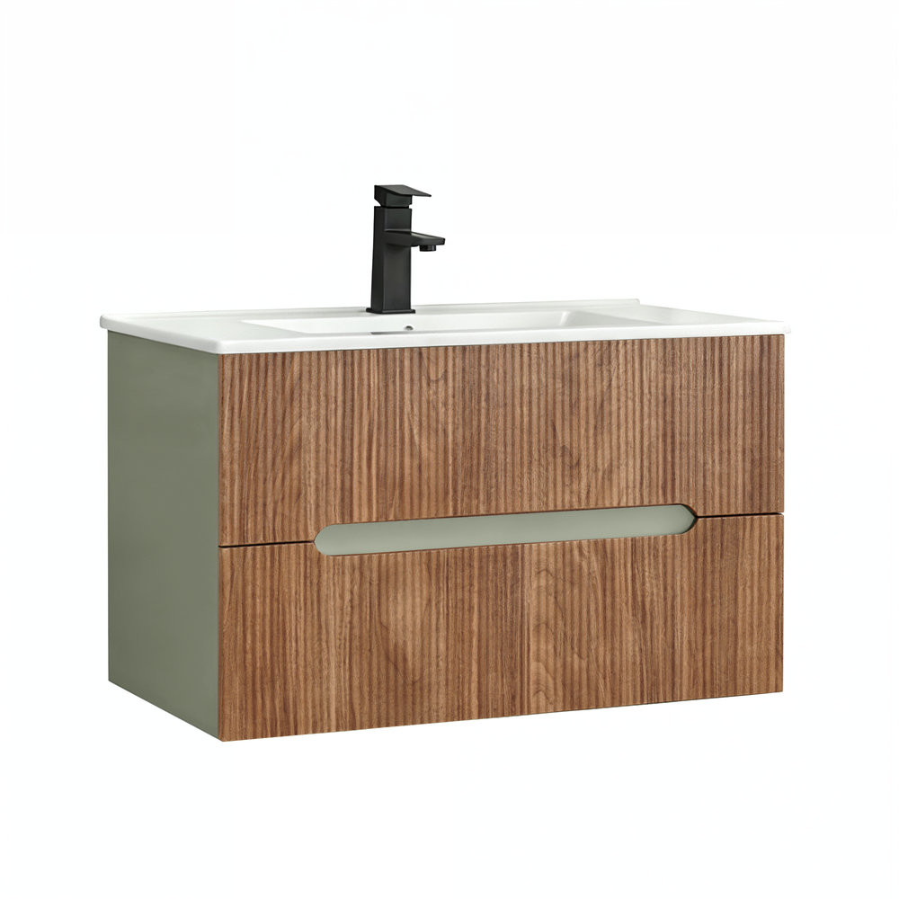 Trent 80 dulap de baie inferior cu chiuvetă ceramică (2 sertare) stejar verde măsliniu-sunset