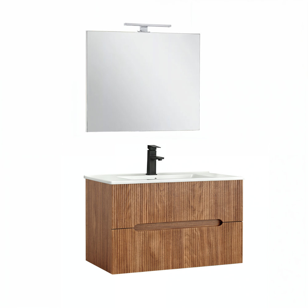 Set mobilier baie Trent 80 cu lavoar, oglinda, 2 sertare, 60x80 cm, stejar apus de soare