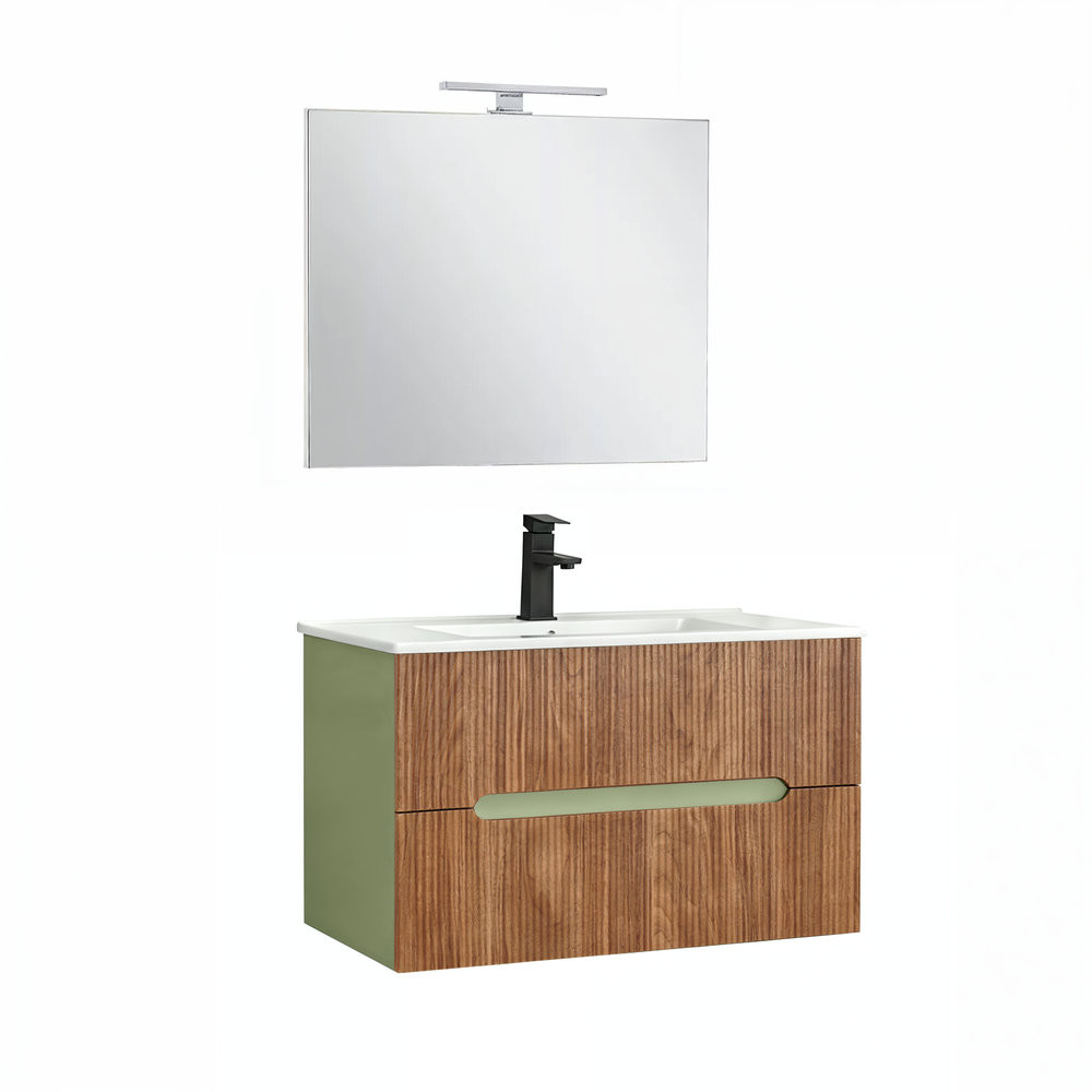 Trent Mobilier de baie 80 cm chiuvetă ceramică (2 sertare) cu oglindă 60x80 cm verde fistic - stejar apus de soare